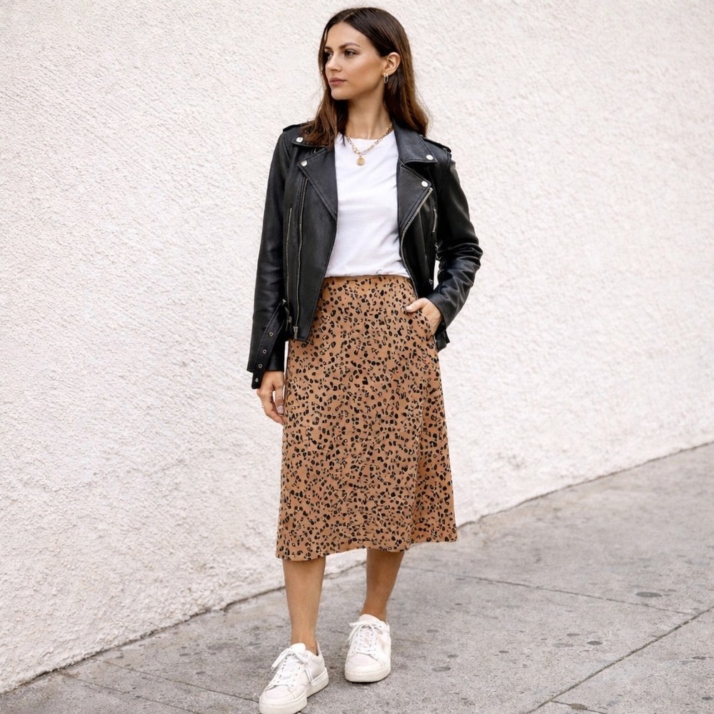 Reformation Mia‎ Leopard Print Midi Skirt Brown Animal Print Size 2 Slip Skirt